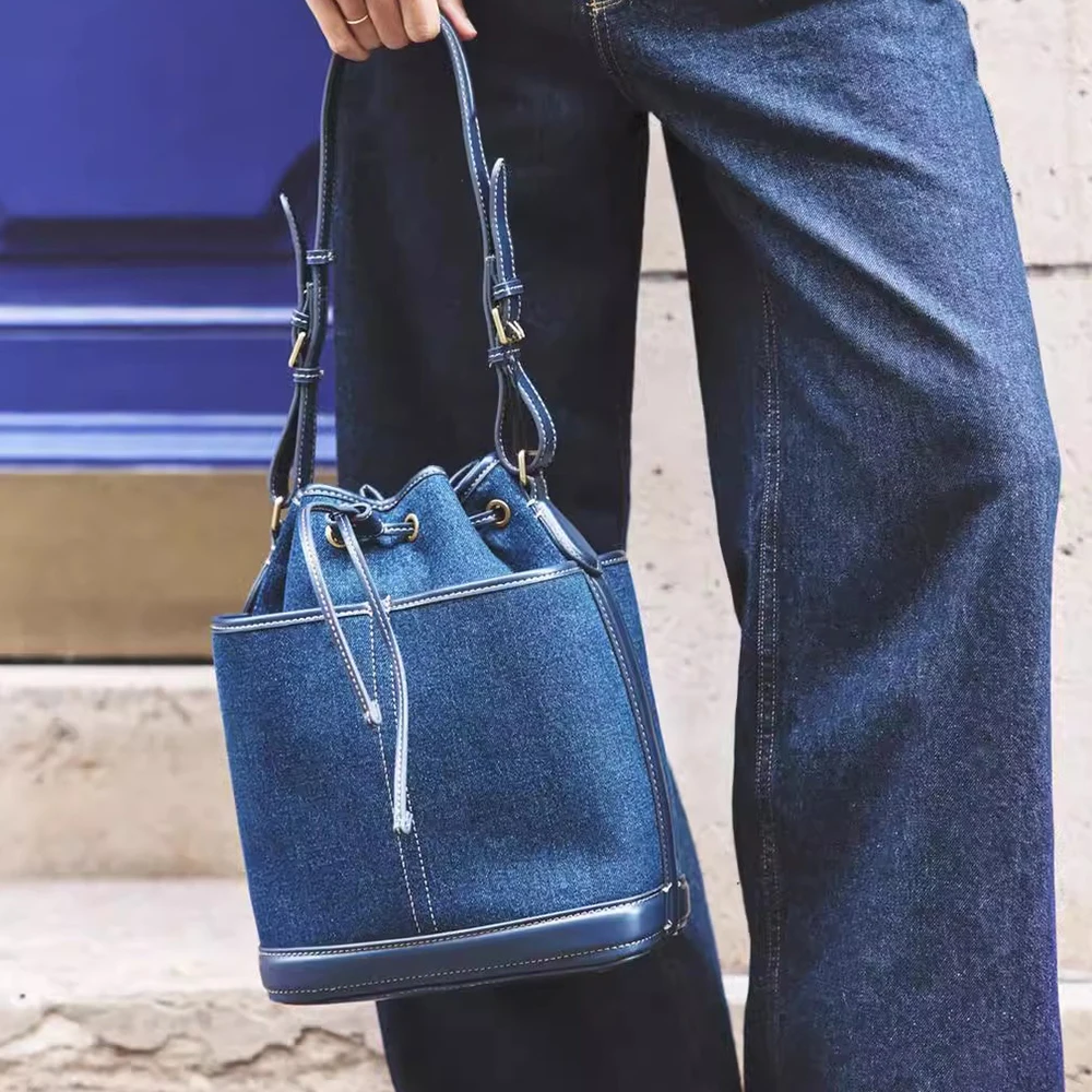 Fashion Denim Bucket Bags for Women Luxury Designer Handbags Canvas Shoulder Bag New Drawstring Women's Bag