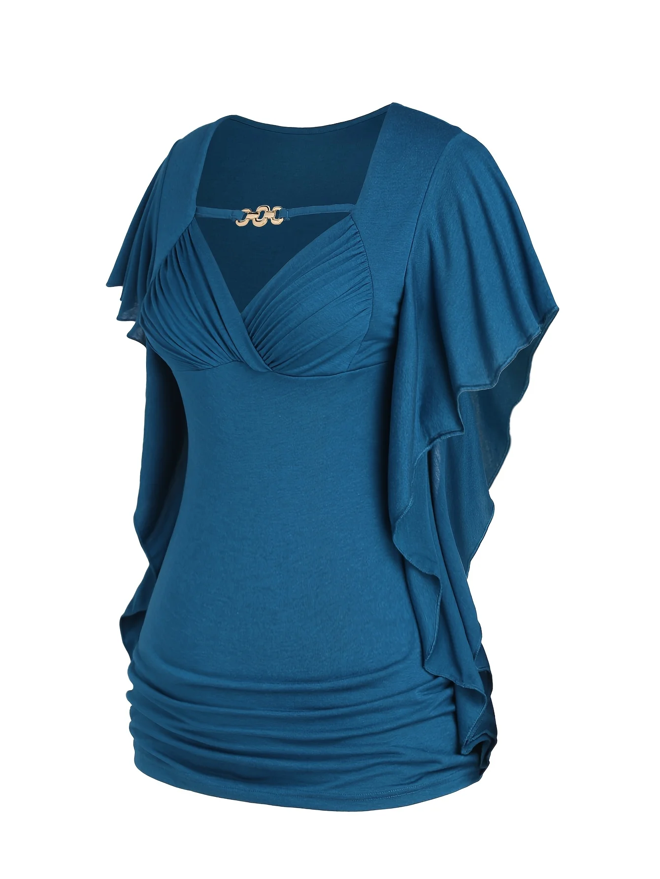 

2025 популярный стиль, большой размер, женская однотонная футболка с рукавами-бабочками, рюшами и морщинами, с наклонной планкой