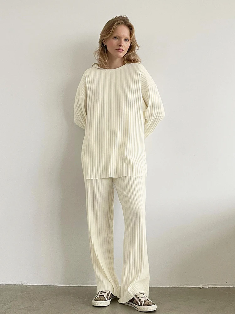 Hiloc Apricot Knitted Pajamas For Women 2 Piece Sets Ribbed Long Sleeve O Neck Sleepwear Female Loose Trouser Suits Winter 2024