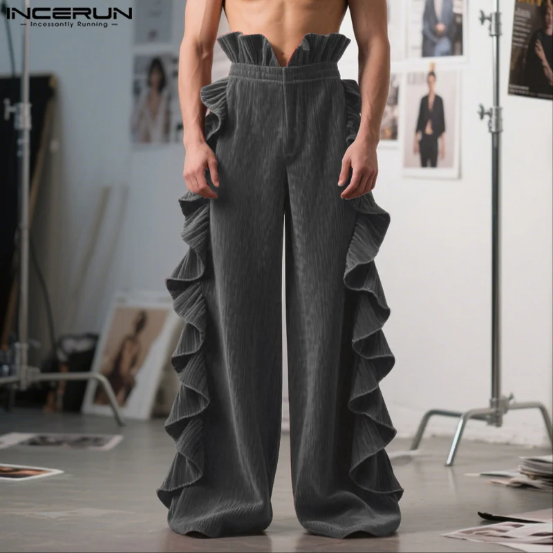 

INCERUN мужские брюки однотонные джоггеры с высокой талией и рюшами свободные широкие брюки мужская уличная одежда 2025 модные повседневные длинные брюки