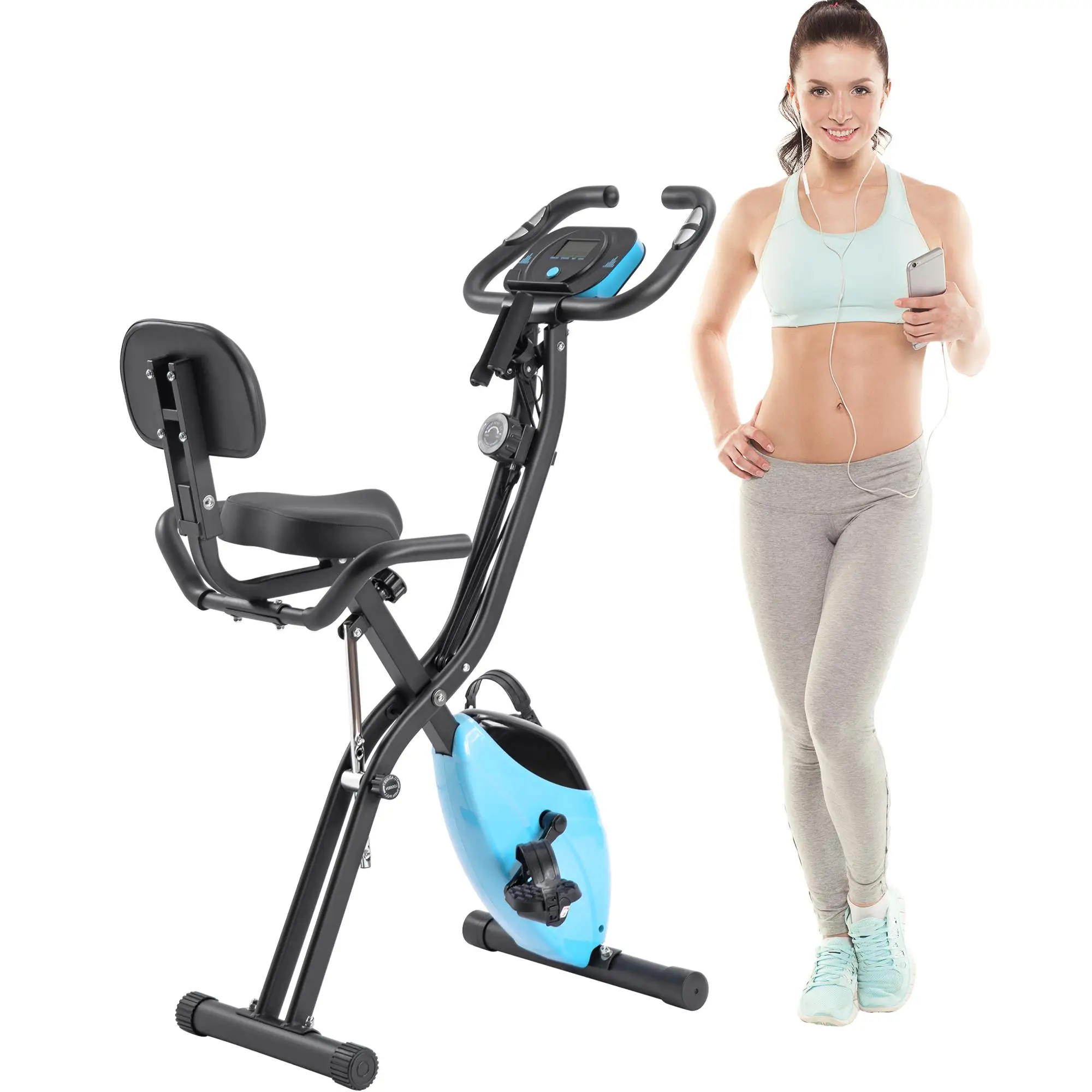 Foldable Exercise Bike - 2-in-1 Upright & Recumbent X-Bike with 10-Level Resistance, Arm Bands & Backrest