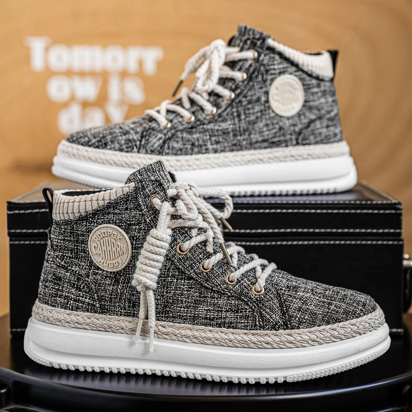 

Осень 2024, новые мужские туфли с высоким берцем на тканой подошве, джинсовая повседневная мужская обувь, универсальная нишевая студенческая спортивная обувь