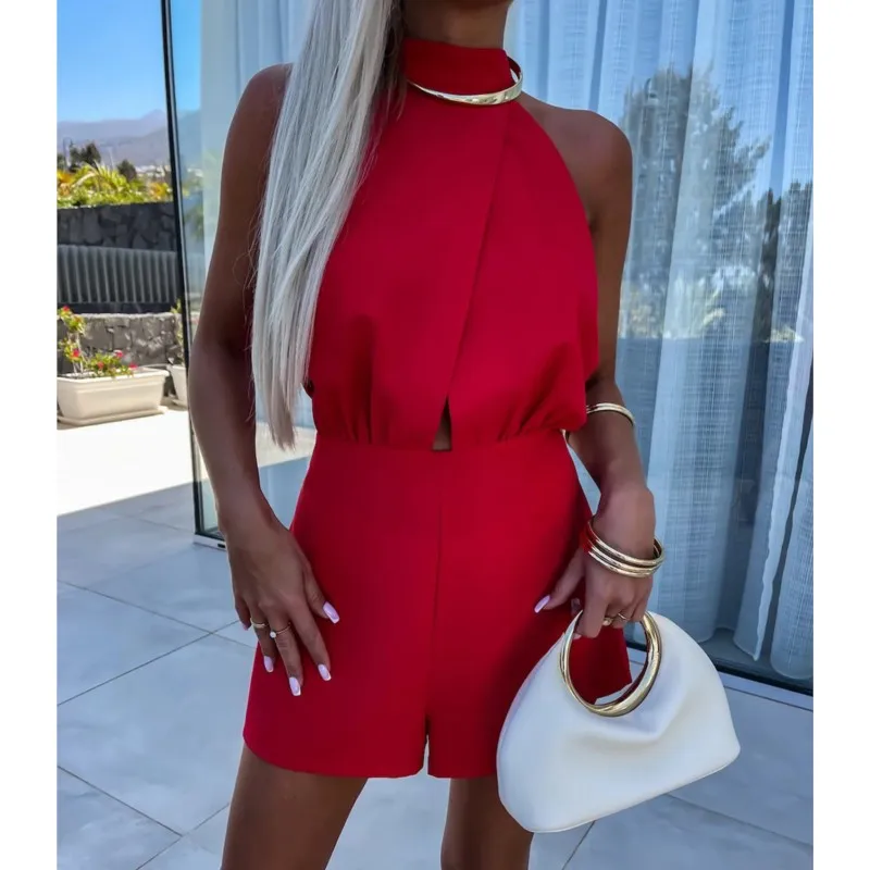 

Elegant Solid Half Turtleneck Short Jumpsuit Women Summer Sleeveless High Waist Hollow Romper Sexy Backless Playsuits White Red