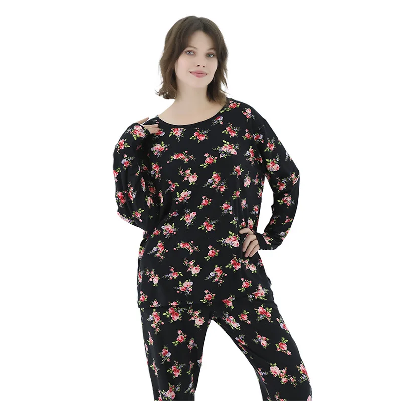 

New Viscose Pajamas for Women Black Print Flower Long Sleeve Trouser Pijamas Two Piece Set Oversize Casual Loungewear Sleepwear