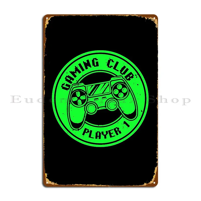 Gaming Round Badge With Console Gamepad Gaming Club Player 1 Green Metal Plaque Poster Cinema Club Designing Tin Sign Poster