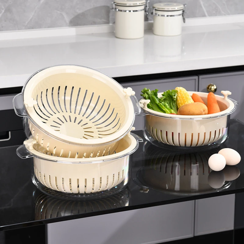 Creative Rotating Drainage Basket Fruit Vegetable Washing Double Layered Strainer Colander Kitchen Fruit Storage Bowl