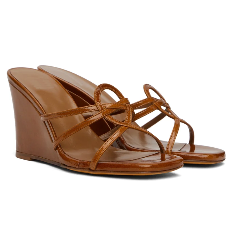 Wedges Corss Tied Decoration Sandals Sexy Square Toe Slip On Leather Solid Accept Customized New Arrivals Fashion Women Shoes