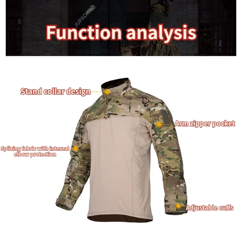 Kaus kamuflase taktis pria, baju katun elastis seragam ritsleting lengan panjang Camo bernapas dan tahan aus