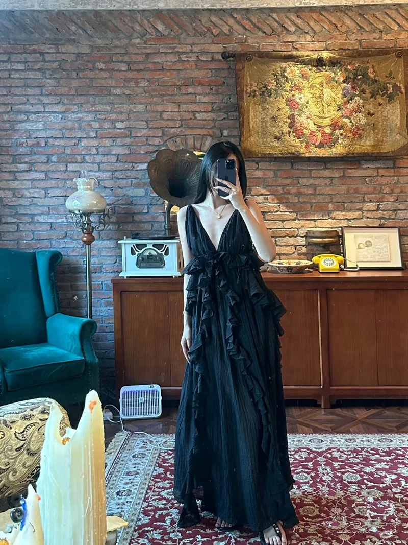 섹시한 노란색 휴가용 드레스 딥 V 백리스 생일 선물 부드러운 폴리에스터 여름 하이웨이스트 A라인 스커트 민소매 V넥 드레스