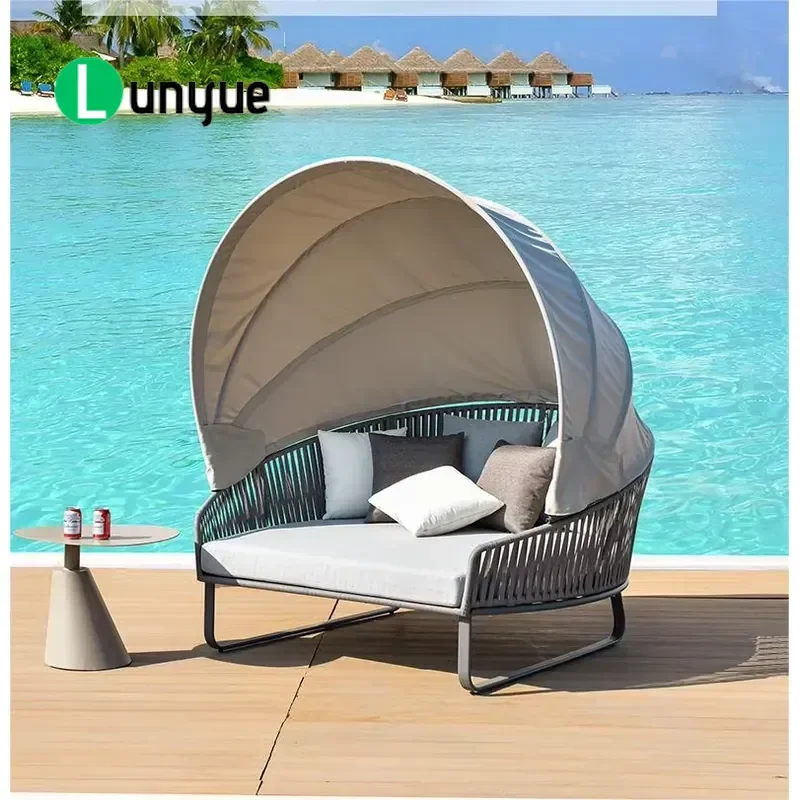 Aluminum Outdoor Round Lounger Sofa Bed with Canopy for Terrace Beach Pool Couple Seat Patio Furniture Ready to Ship