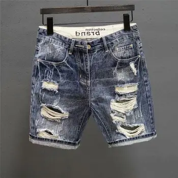 Moda vintage coreano masculino verão denim shorts com buracos angustiados fino ajuste angustiado buracos designer roupas de luxo masculino