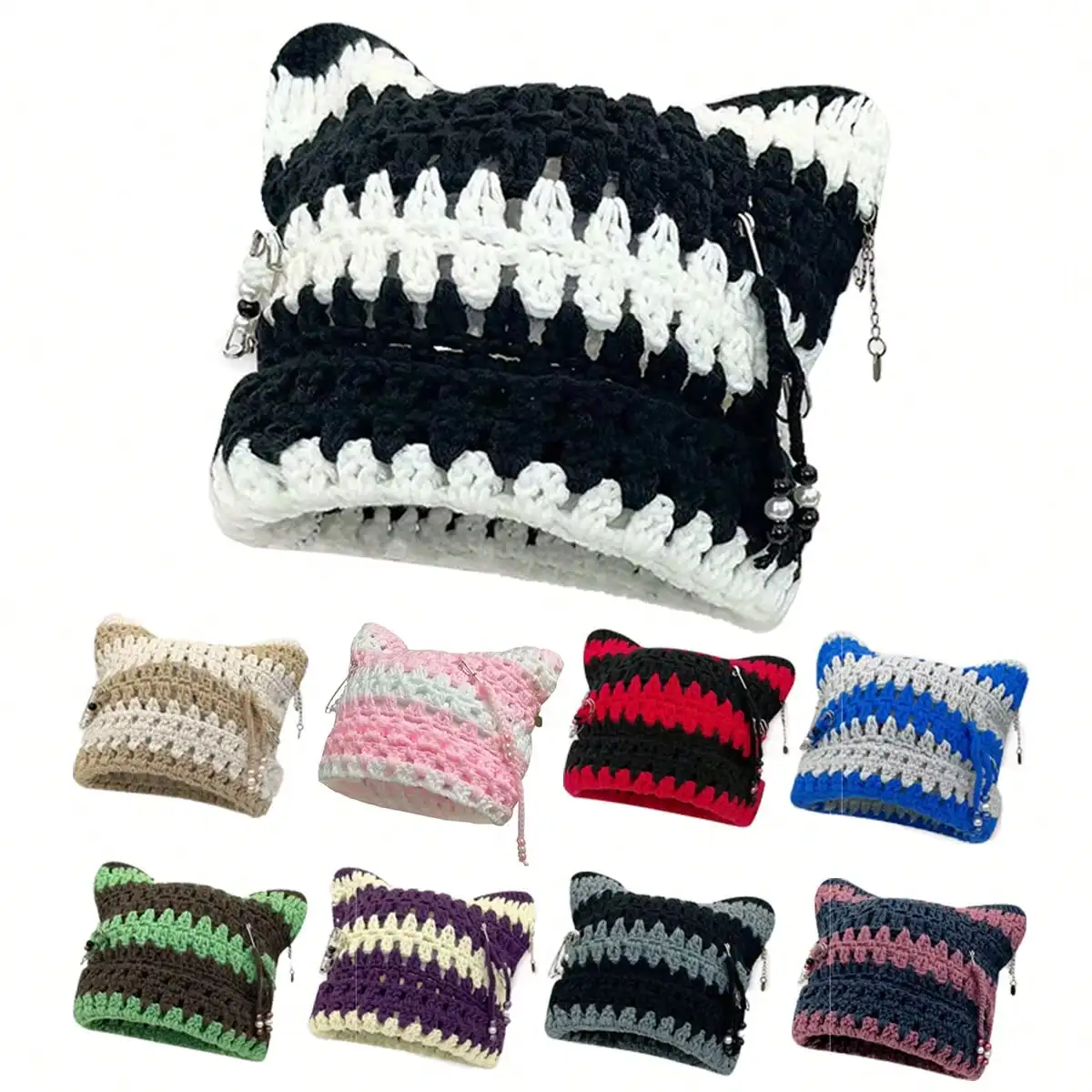 Neutrale handgehäkelte Strickpullover-Mütze mit abnehmbarer Metallnadelquaste, Y2K-Street-Fashion, Hip-Hop, ausgehöhlter Punk-Stil