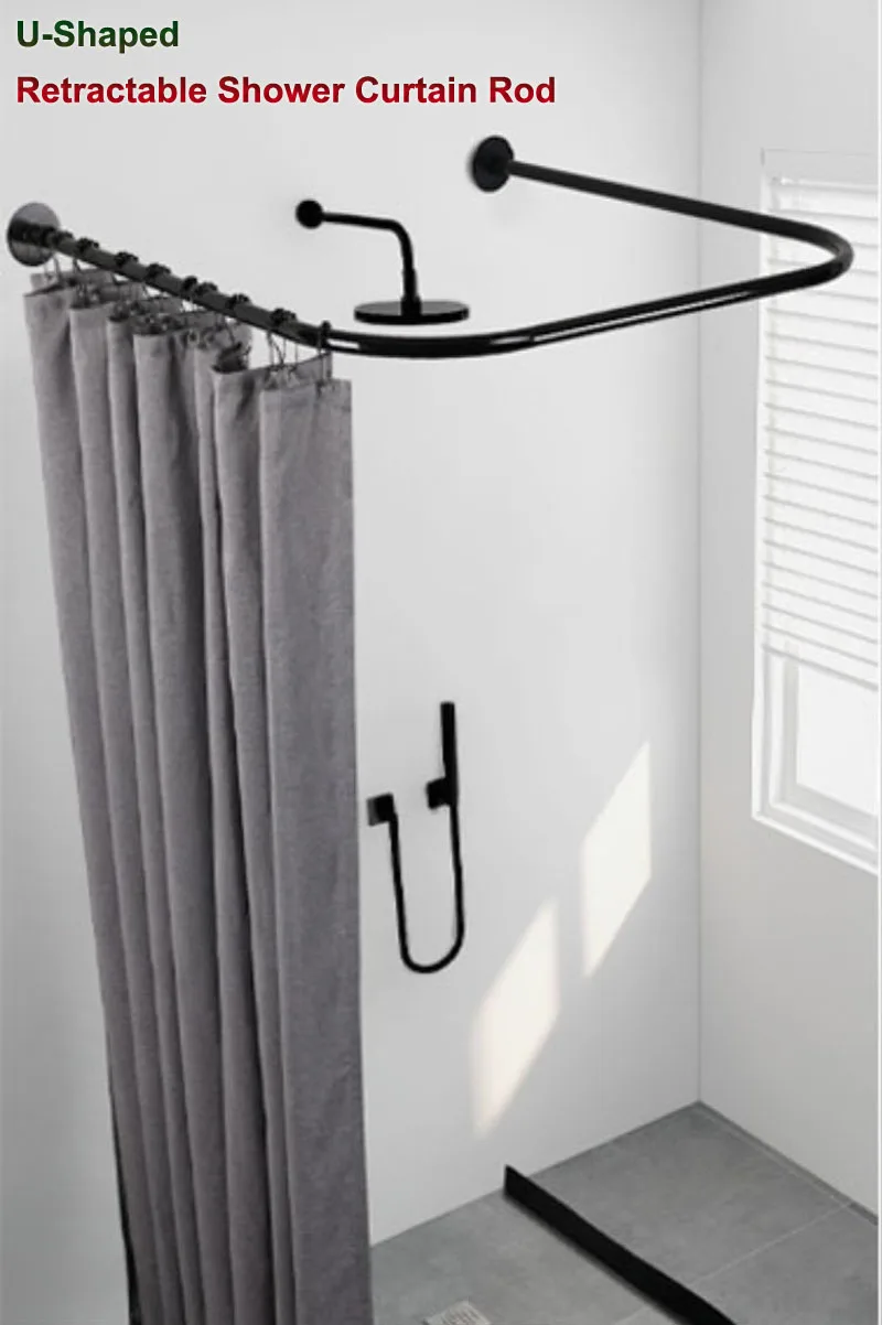 

Classic Black U-Shaped Curtain Rods without Drilling,Telescopic Shower Rod, Stainless Steel Rail with Hooks for Bathroom