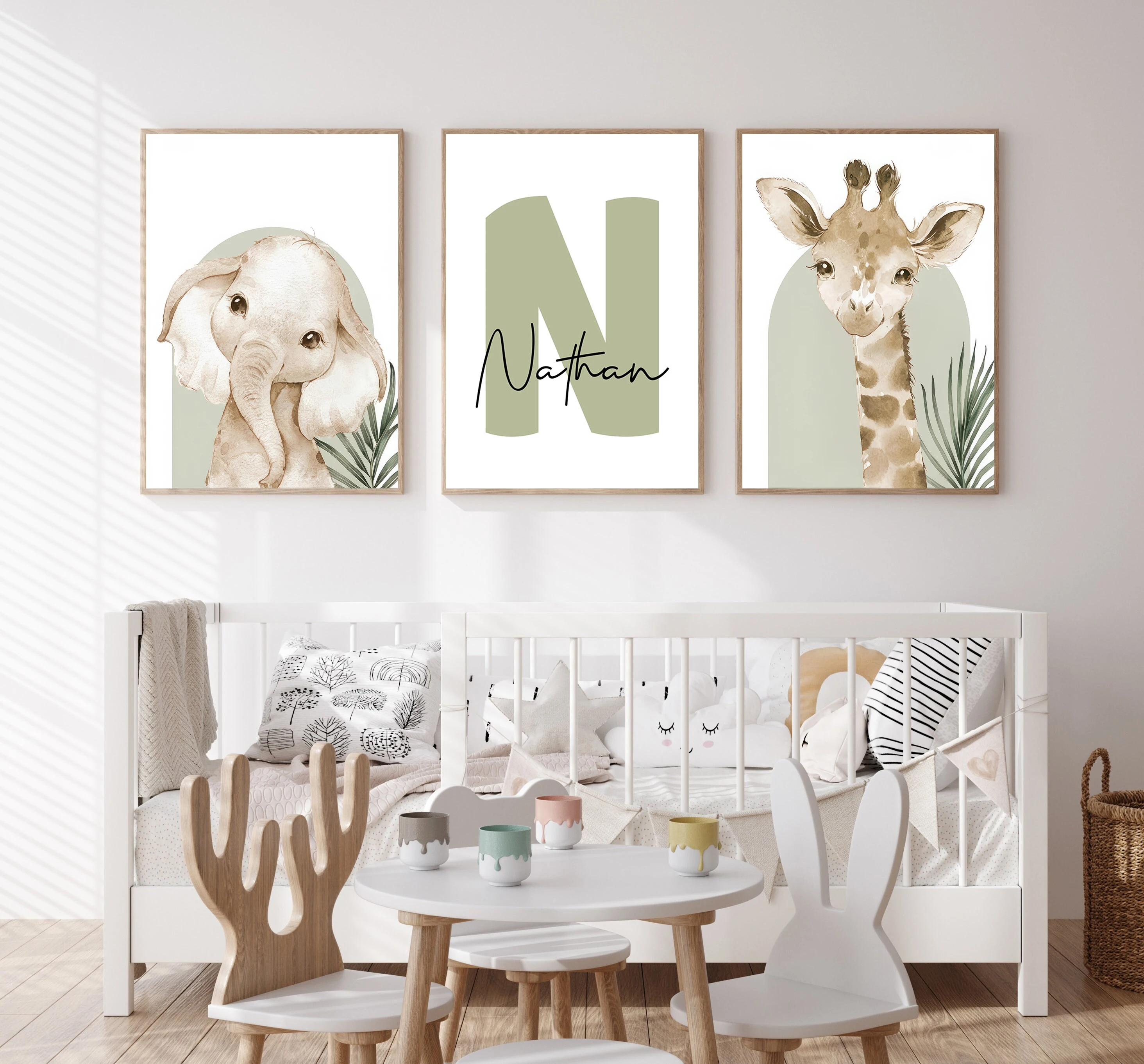 3pcs/set Poster Kanvas Safari dengan Nama Kustom, Gambar Hewan Gajah Jerapah, Hadiah Ulang Tahun untuk Dekorasi Rumah