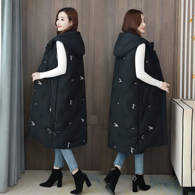 Winter Women Warm Vest Embroidered Long Hooded Oversize Outerwear Thicke Cotton Waistcoat Female Sleeveless Jacket Vest Coat 5XL