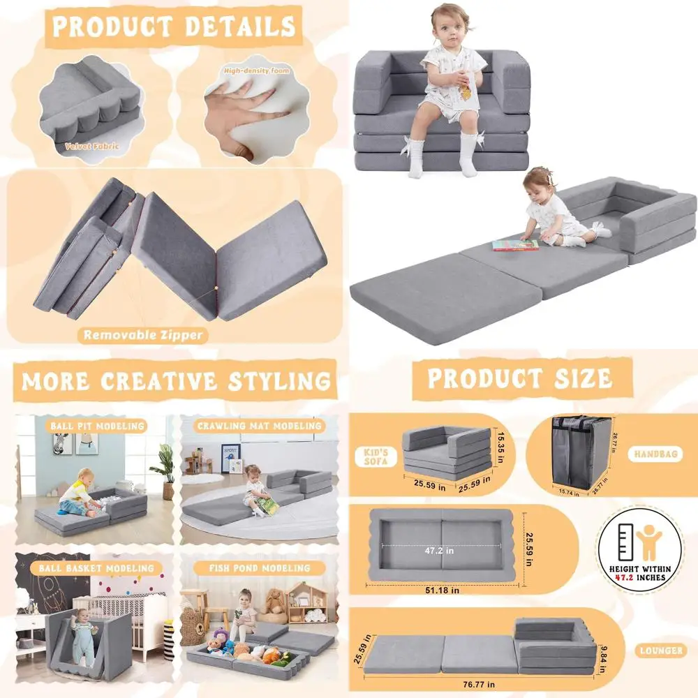 

Convertible Toddler Couch, 3-Way Chair & Lounger with Waterproof Bag, Portable Play Sofa for Travel with Washable Covers, Suitab