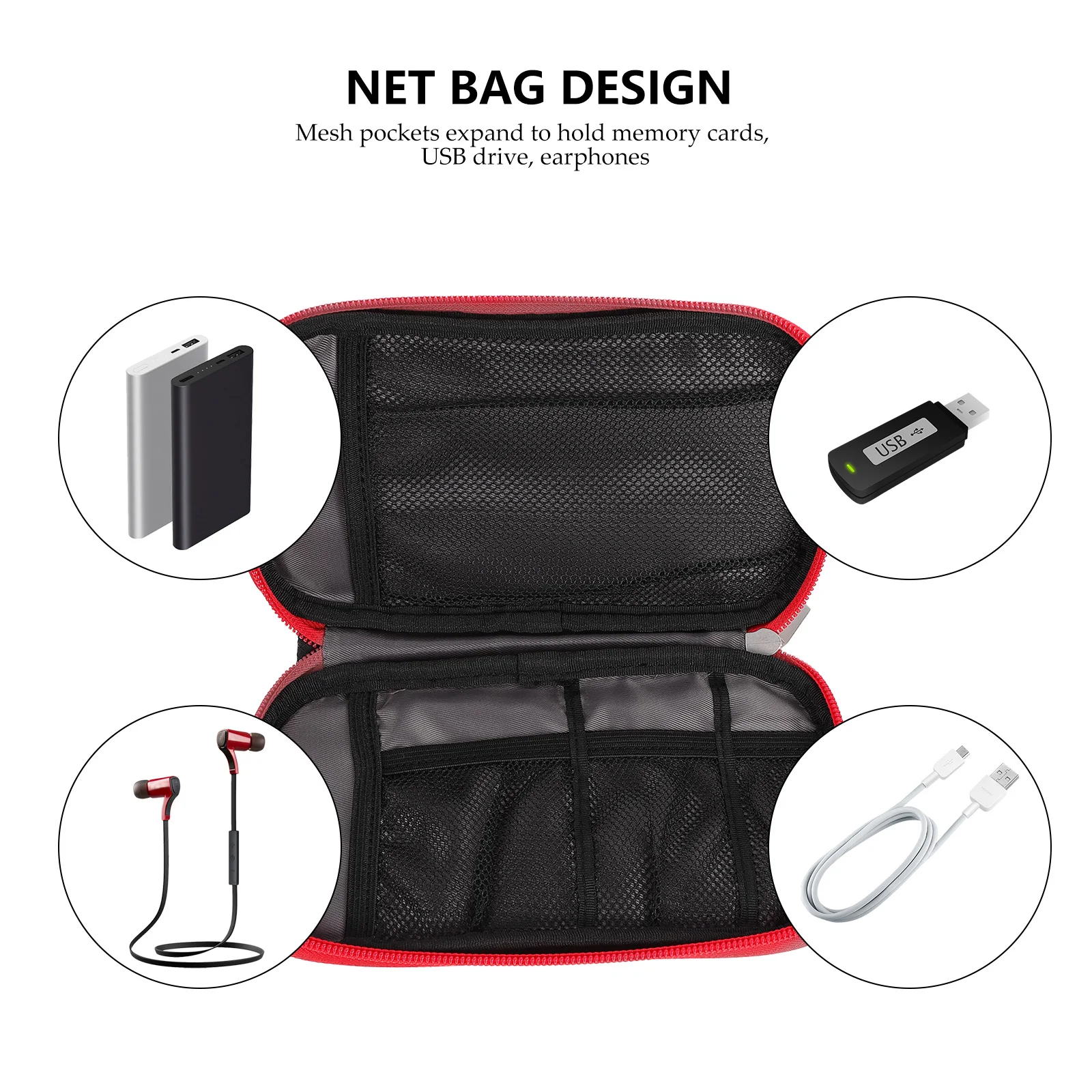 

Digital Storage Bag Cable Organizer Electronics Pouch Black Premium Zipper Elastic Loops Mesh Pockets Waterproof Surface