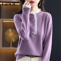 Autumn Winter Elegant Fashion Sweet Lace Patchwork Sweaters Top Women Loose Casual Pullover Ladies Knitting All-match Jumpers