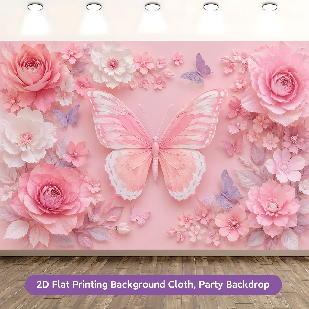 Romantic Pink Floral Backdrop Cloth Photo Booth Decoration Rose Butterfly Seamless Party Background Wall Decoration