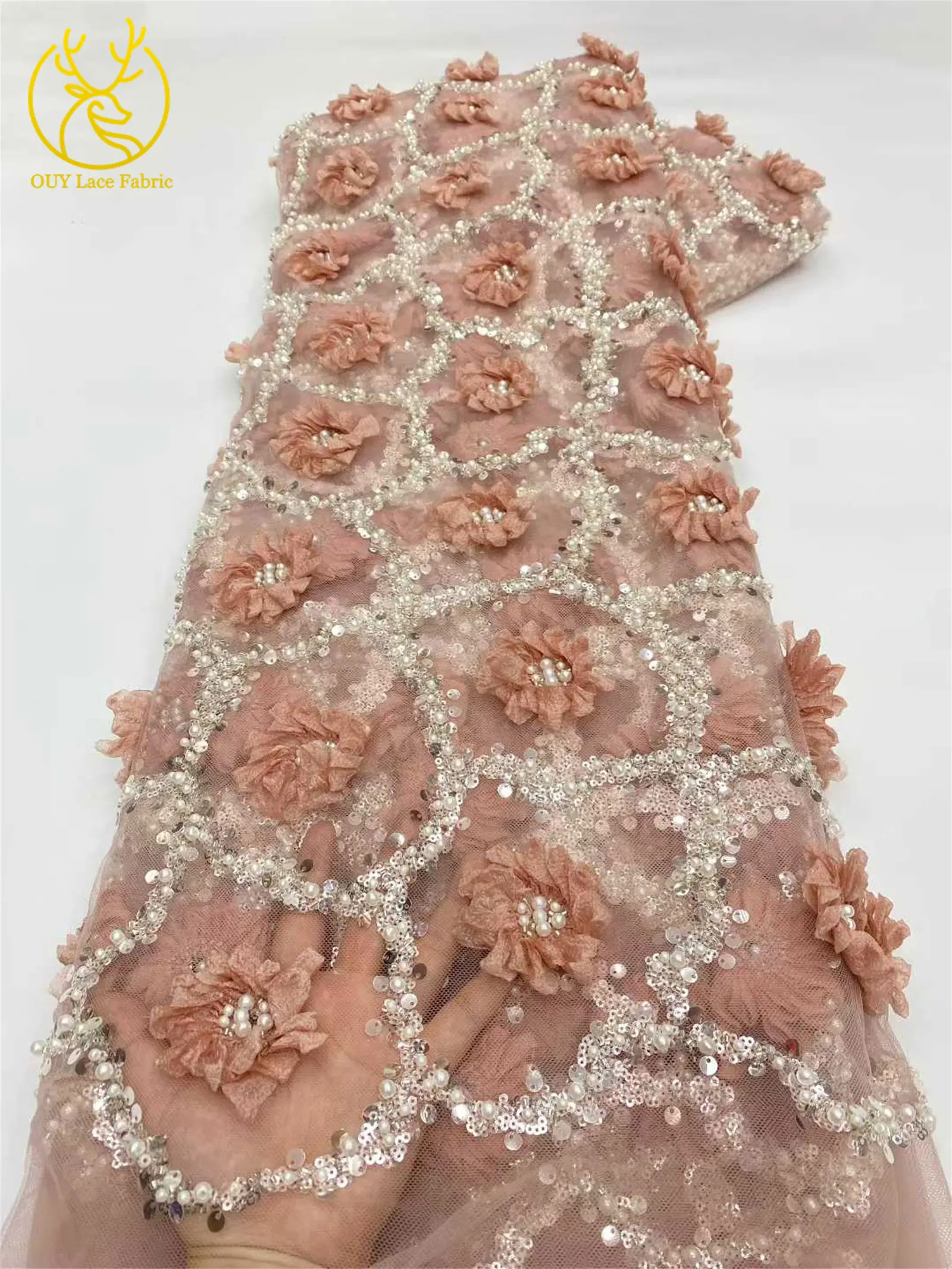 Elegantes Abendkleid 3D-Blumen-Spitzenstoff Afrikanischer Pailletten-Perlen-Spitzenstoff Hochwertiger Nigerianischer Französischer Tüll-Spitzenstoff – Detail 11