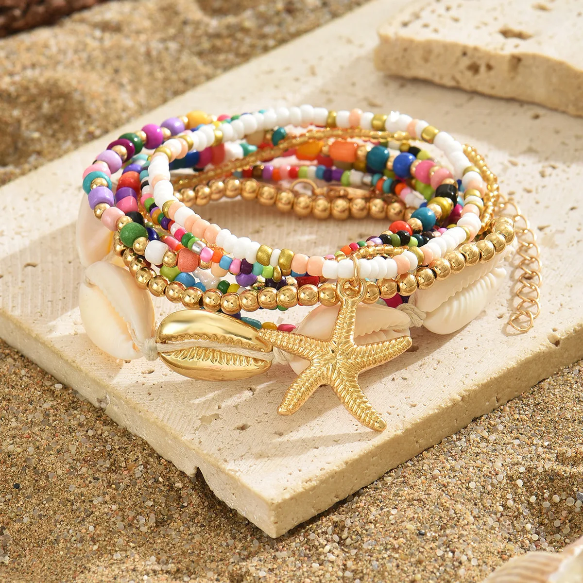 

7Pcs Bohemian Style Starfish Shell Hand Woven Bracelet For Women Girls Fashion Beaded Bracelet Beach Vacation Accessories