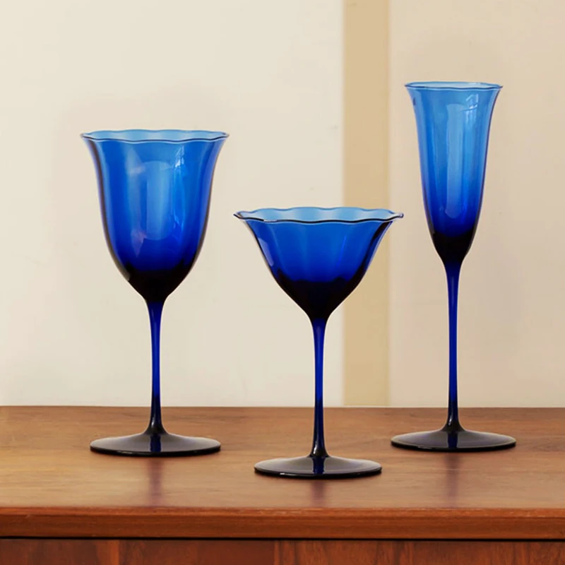 JINYOUJIA French Vintage Blue Flower Pattern Goblets Handmade Crystal Ultra Thin Red Wine Glass Champagne Martini Wine Glass