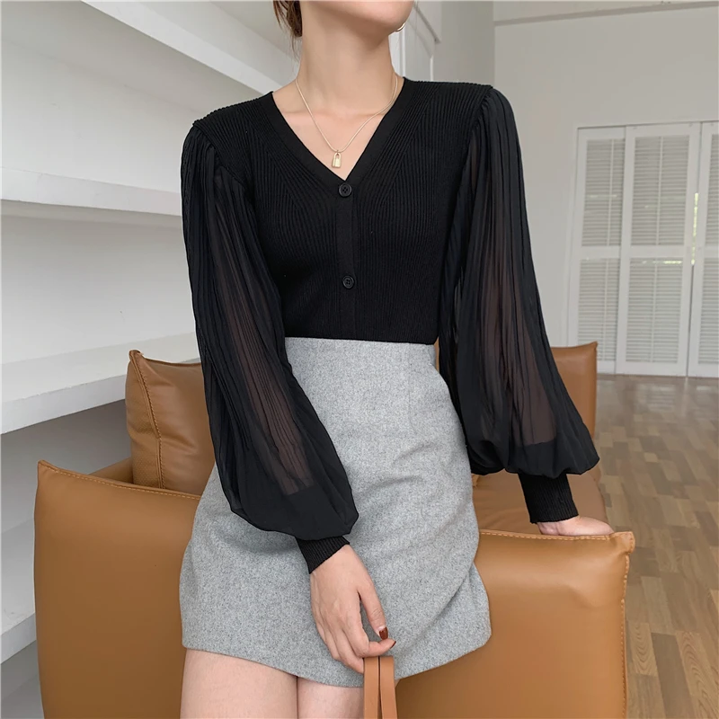 Kobiety Jesień Casual Office Lady Loose Patchwork V-neck Long Sleeve Knitwear Knitting Fashion All-match Knitting Cardigan Tops