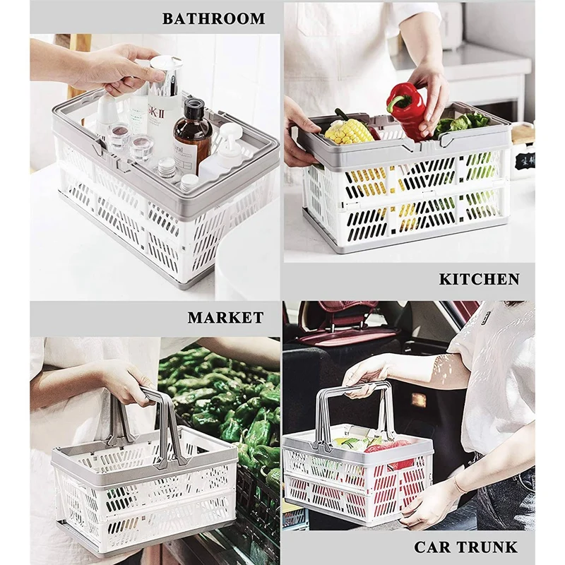 Caixas de armazenamento dobráveis de plástico de 2 pces com alças, cestas de compras dobráveis empilháveis, caixas organizadoras do recipiente da utilidade