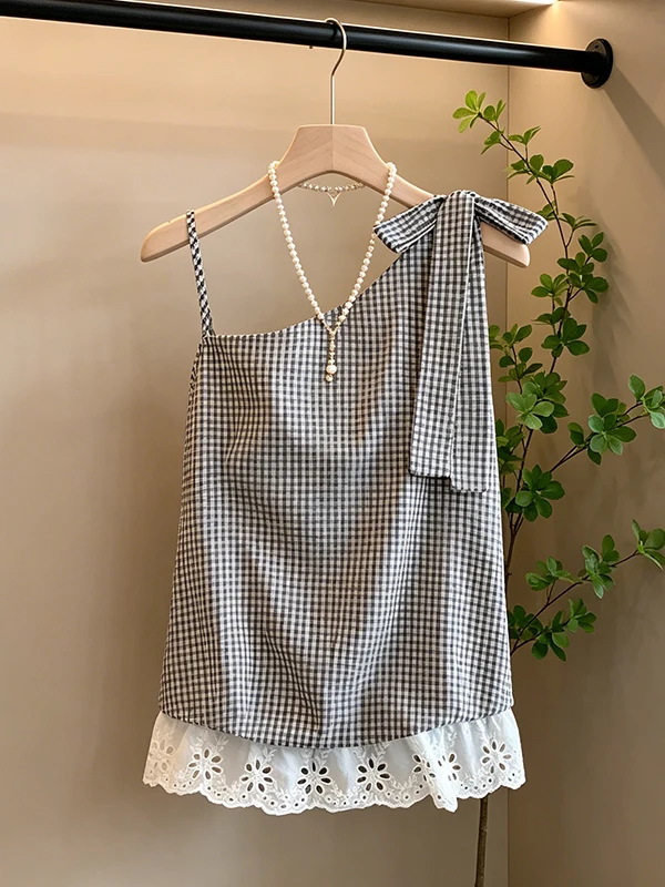 

Summer New Plaid Shirt Women's Shoulder Bowed Splice Flower Top Large Size Simple Style Knot Splice Floral