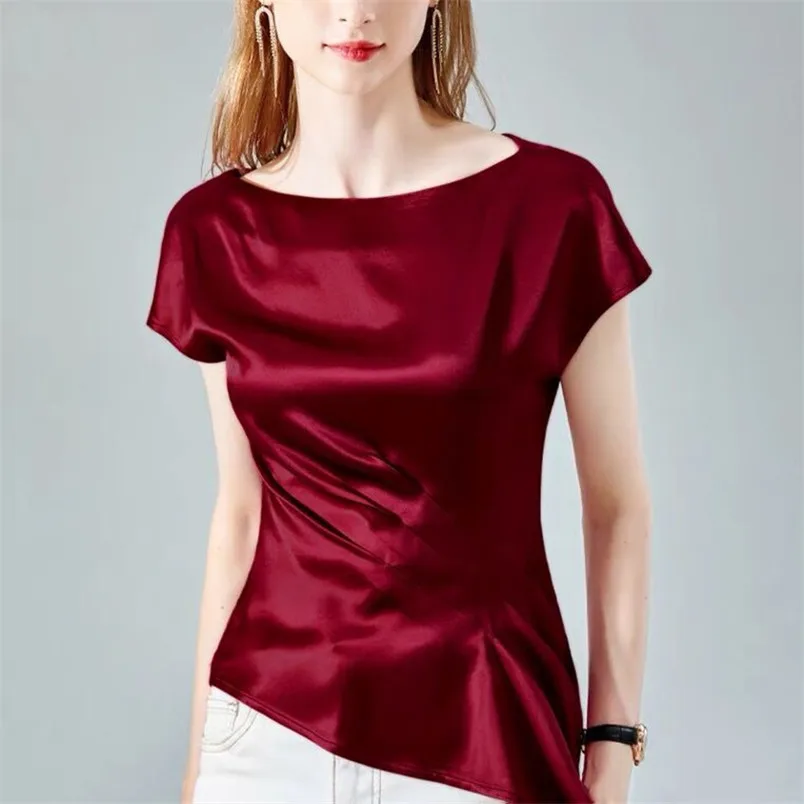 Summer Casual Loose Satin T-shirt Women Ice Silk Comfortable Tops Female Elegant Black White Wine Short Sleeve Shirt 2024 Blouse