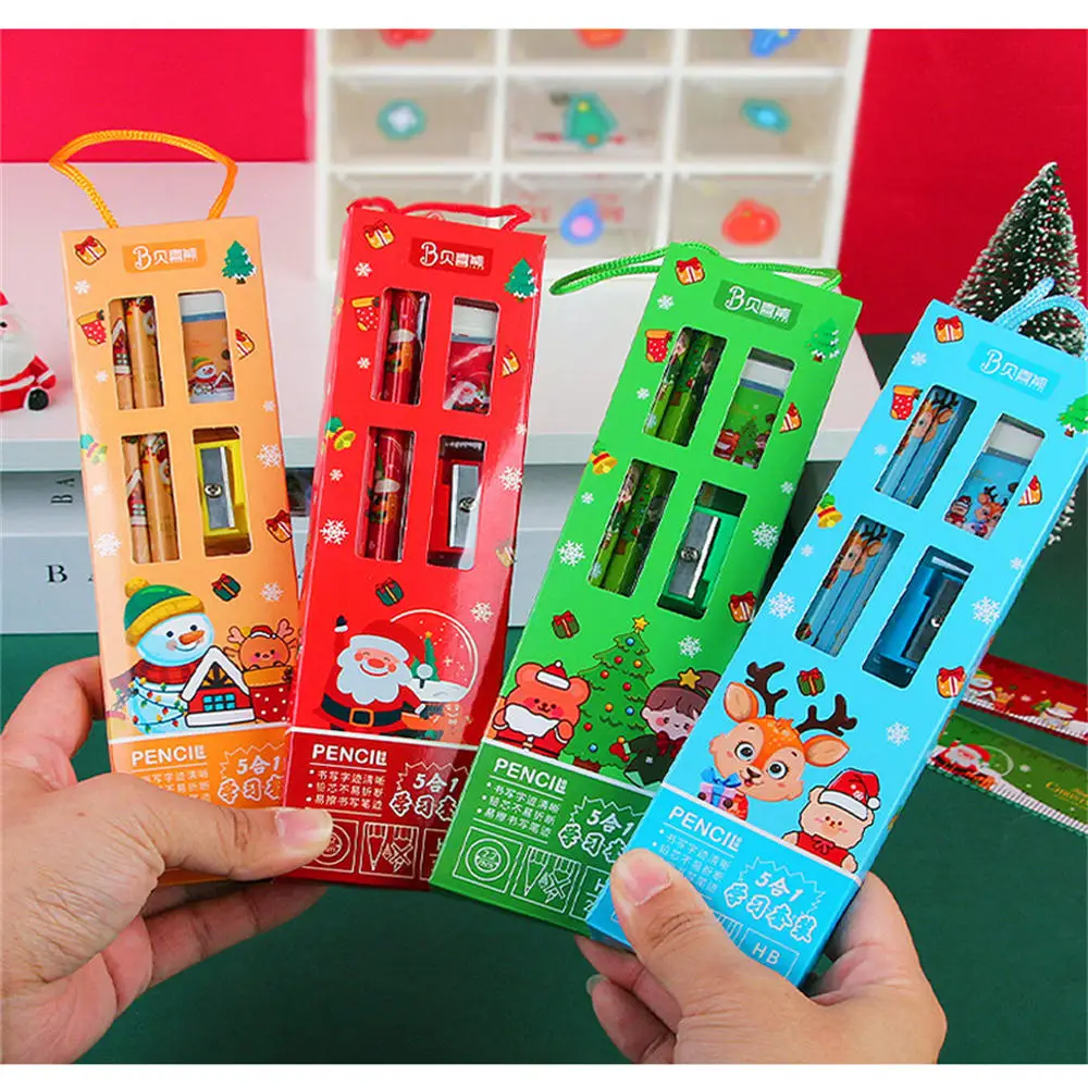 5pcs/set Christmas Stationery Set Pencil Rubber Pencil-Sharpener Ruler Student Christmas Gift Prize Office Writing Supplies