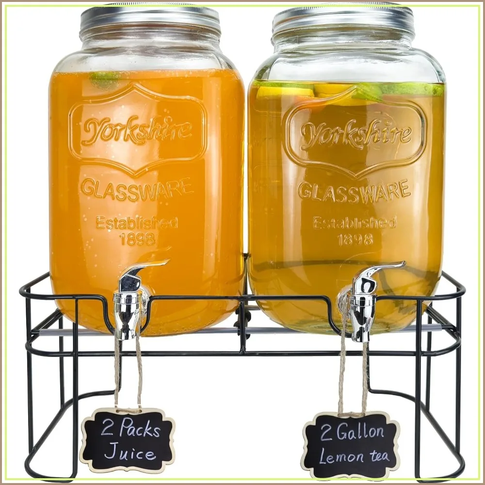 

2 Gallon Glass Drink Dispenser with Stand, 2 Pack for Juice, Lemonade, Iced Tea, Water, Party, BBQ, Picnic