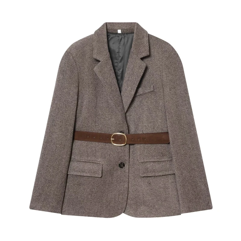 

Women's Lapel Jacket Elegant Office & Casual Outerwear Herringbone Tweed Blazer with Belt, Brown Single Breasted