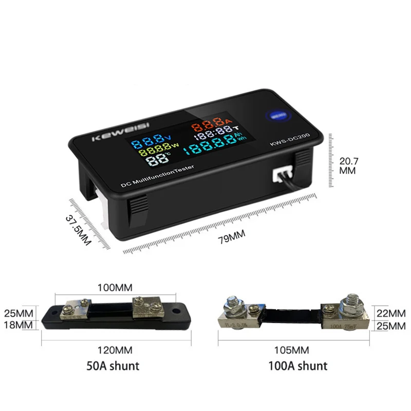 Color LCD Screen Display Multifunction DC Digital Voltmeter Ammeter 0-200V Voltage Battery Capacity Energy Monitor Power Tester