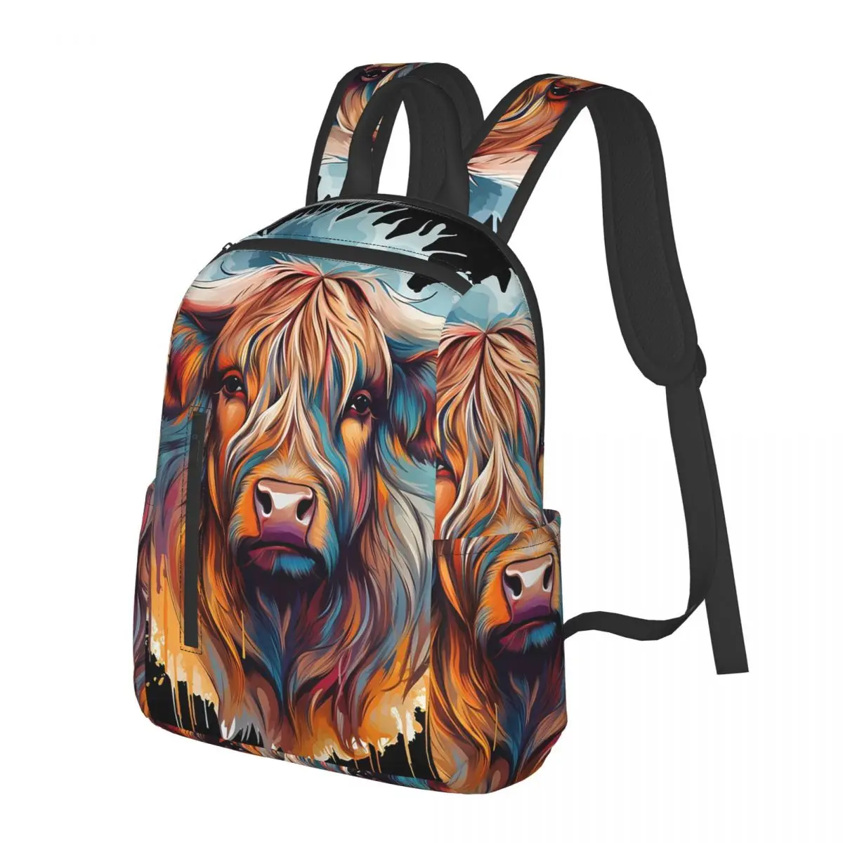 Abstract Colourful Highland Cow Graffiti Student Backpack School Bag Hiking Travel Daypack for Men Women Bookbag Shoulder Bags