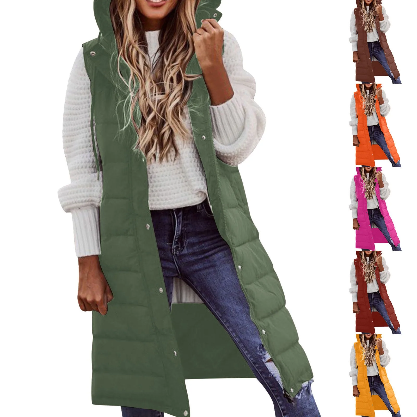 Womens Long Winter Coat Vest With Hood Sleeveless Warm Down Loose Jacket With Pockets Quilted Vest Down Jacket Outdoor Outwear