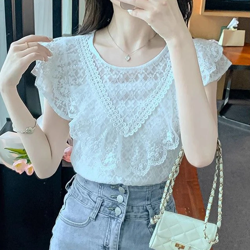 Vintage Hollow Out Lace Blouses Women Summer Short Sleeve Soild Y2k Clothes Slim French Ladies Casual White Tops Sweet Shirts view 6