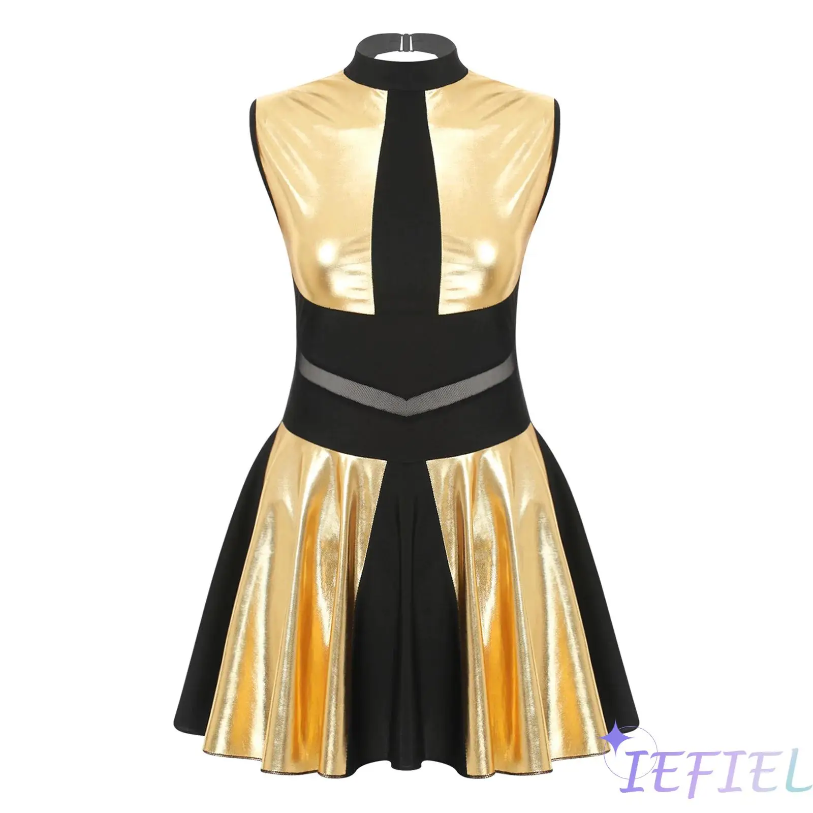 

Womens Alien Cosplay Cheerleading Metallic Shiny Patchwork Cutout Dress Flared Pleated Hem Dress for Halloween Carnival Roleplay