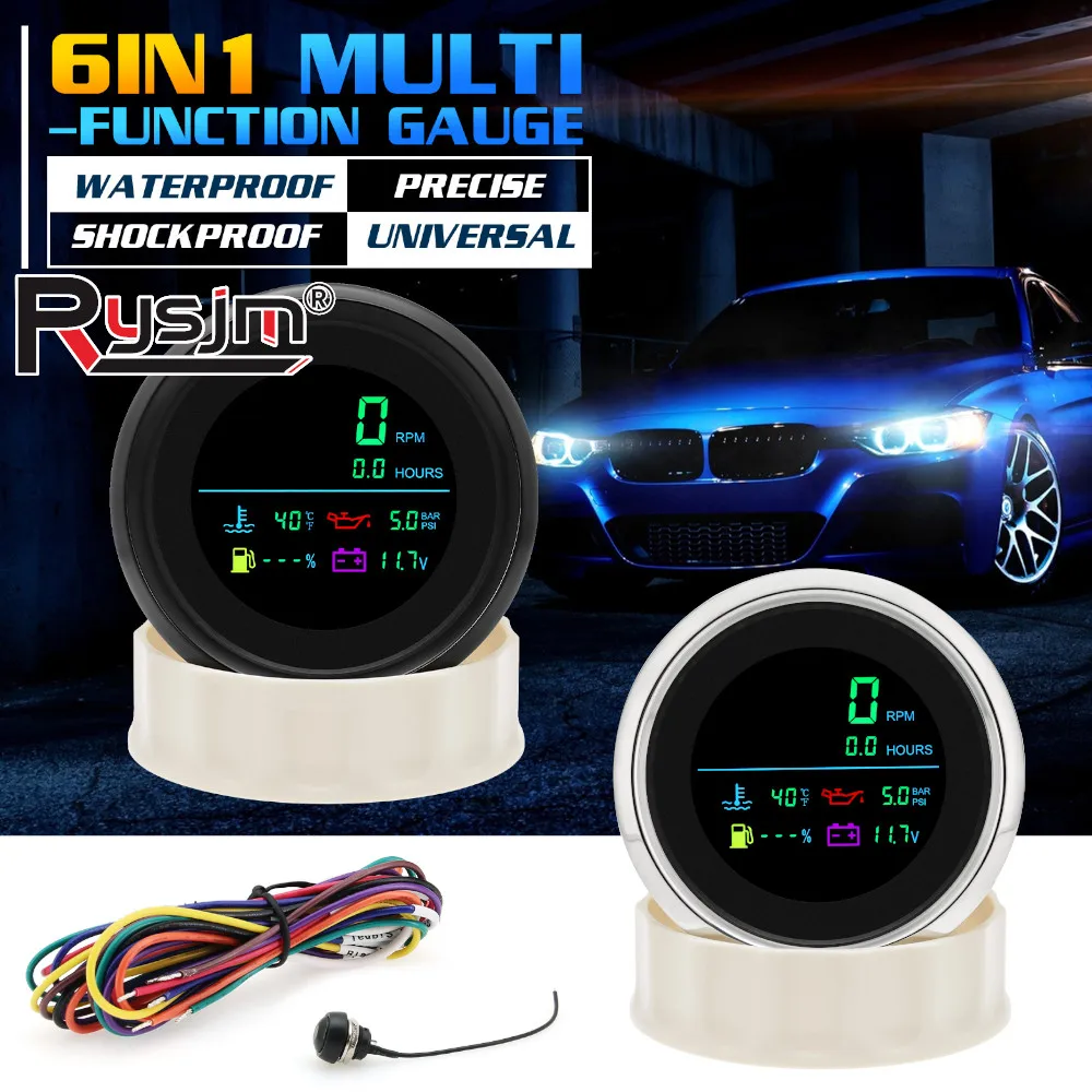 

Универсальный многофункциональный прибор 85 мм 6 в 1: датчик температуры воды, давления масла, уровня топлива, тахометр, счетчик моточасов для морских судов, автомобилей, 12В/24В