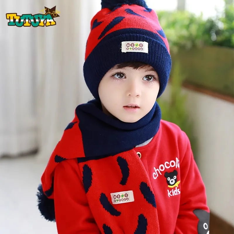 1-3 Years Old Baby Winter Hat Scarf Set Double layer yarn Knitted Kids Cap for Girls Boys Accessories Infant Bonnet Toddler Hat