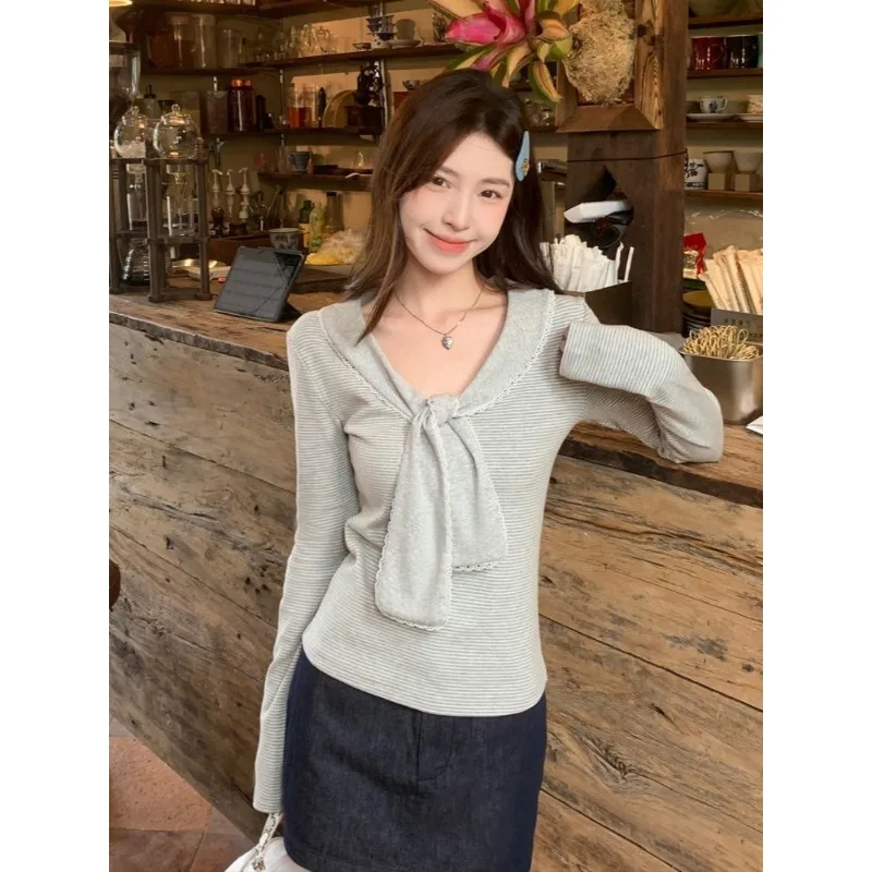 Striped Lace Spliced Long Sleeve T Shirt Women Autumn Slim American Y2K Casual Versatile Outerwear Top