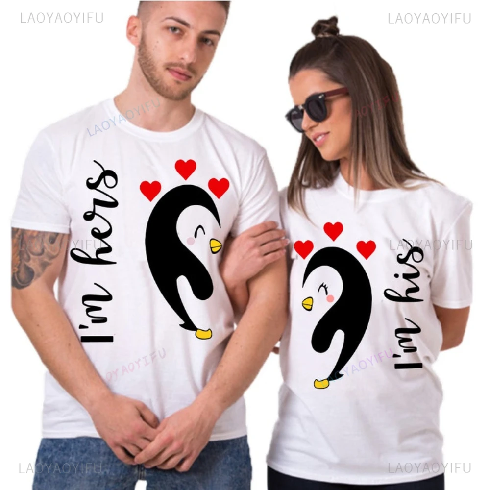 I'm Hers I'm Him Penguin Couple Shirts for Valentine's Day Graphic T Shirts Woman Man High Quality Cotton T-shirt O-neck Shirt