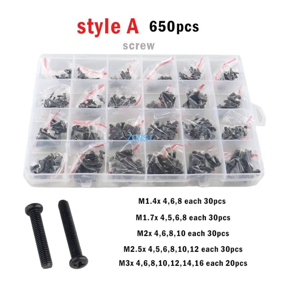 650/300pcs M1.2 M1.4 M1.7 M2 M2.5 M3 M4 Black Mini Micro Phillips Cross Pan Round Head Screw Switch Bolt and Nut Set Box Kit