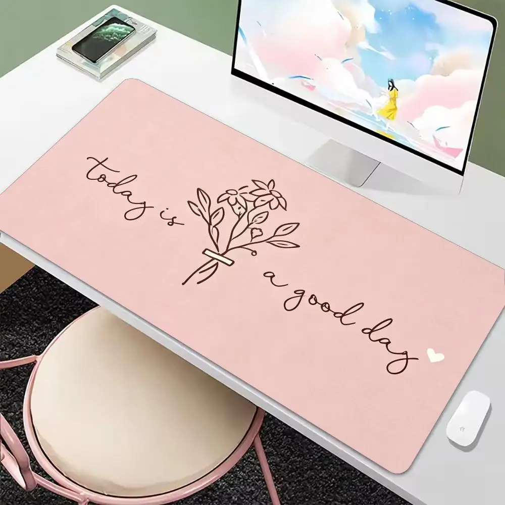Today Is A Good Day Handwritten Quote Mouse Pad Large Pink Floral Desk Mat Kawaii Non-Slip Rubber Mousepad Office Happy Quote