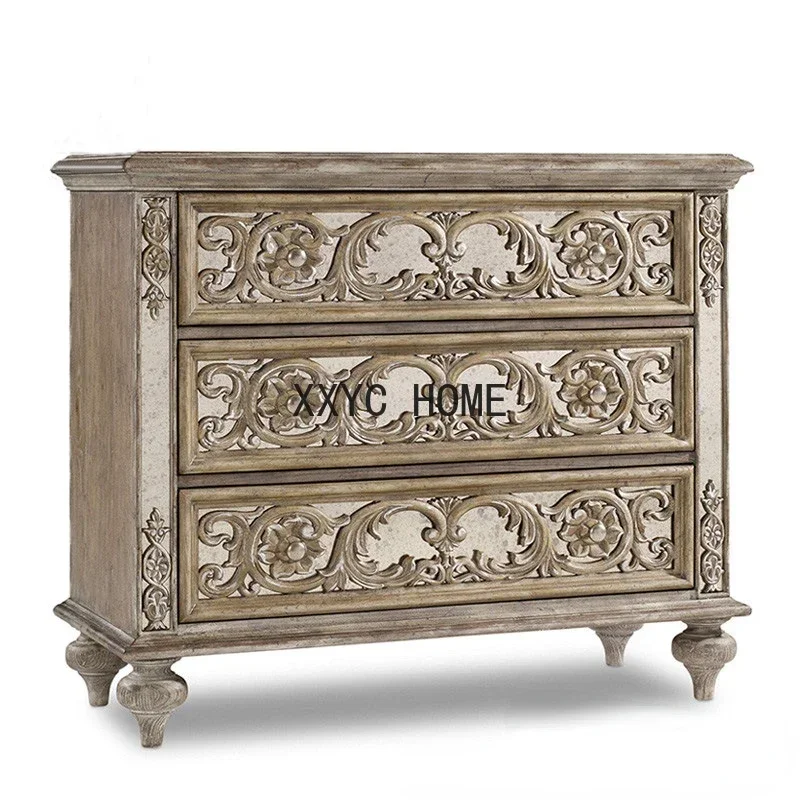 Solid Wood Bedside Cabinet Villa Light Luxury Carved Side Cabinet Locker Bedroom Retro Three-Drawer Storage Cabinet