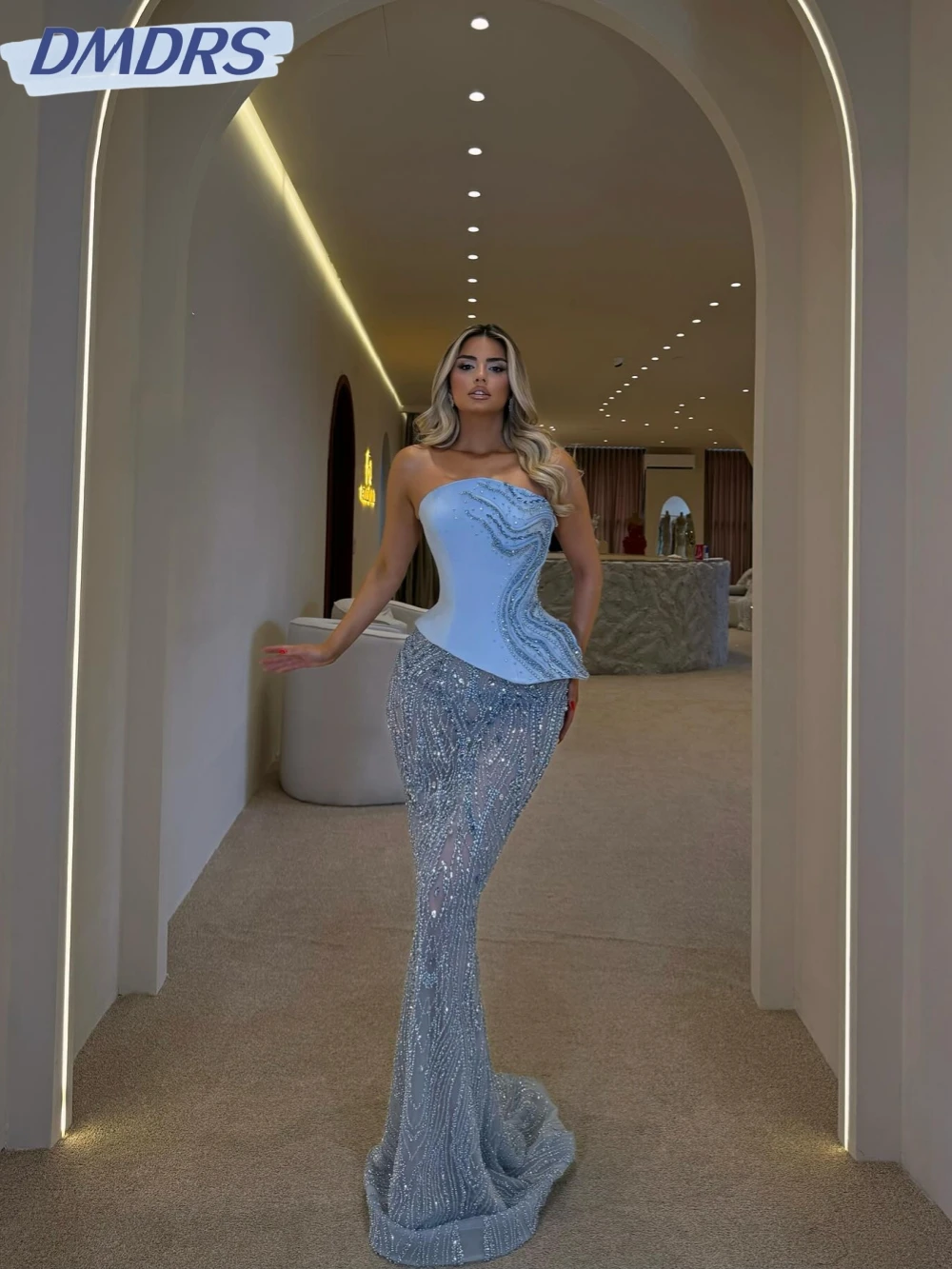 

Blue Embroidery Beaded Lace Evening Dress With Corset Mermaid Long Wedding Party Gown Customized Luxury Crystal Prom Dresses