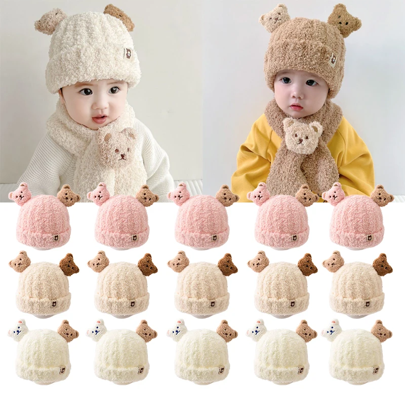 

Super Cute Bear Fleece Baby Hat Scarf Combo Thermal Winter Cap with Neck Warmer Infant Toddler Gift Set