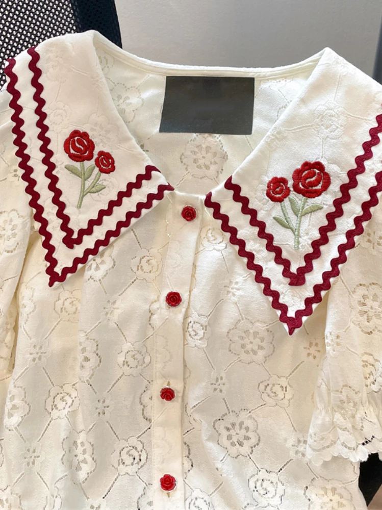 French Small Fragrance Blouses Peter Pan Collar Puff Sleeve Flower Embroidery Crop Tops Shirts Summer Sweet Women Clothing 2024