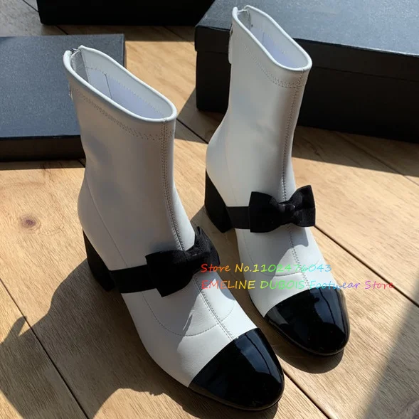 Color Block Bow Tie Thick Heel Ankle Boots Women Leather Round Toe High Heel Back Zipper Retro Elastic Slim Short Boots