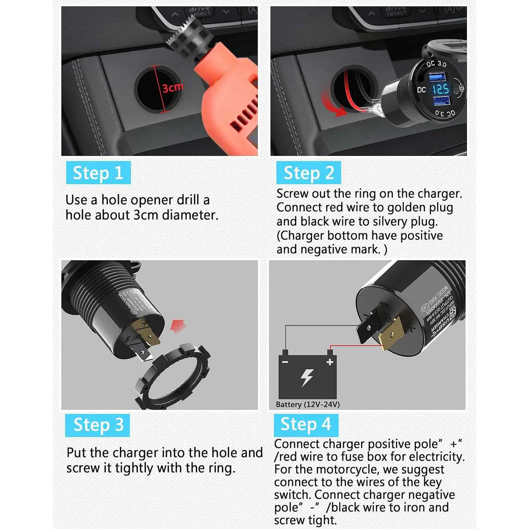 Authentic 2X Quick Charge 3.0 Dual USB With Voltmeter & ON/OFF Switch,36W 12V USB Outlet Fast For Car Boat Marin